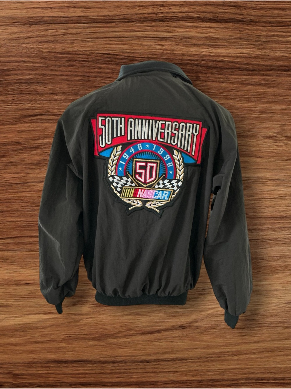 NASCAR 50th Anniversary Men's Sz L Hartwell ViaSport Patches Black Nylon Jacket